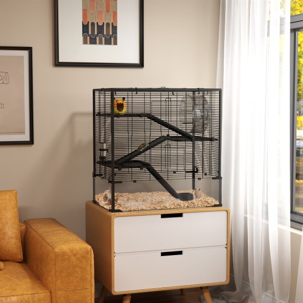 Hamsterkäfig mit Glasboden, 4-stufiges Hamstergehege mit Hütte und Zubehör, 78,5L x 48,5B x 80H cm, Schwarz