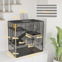 Hamsterkäfig mit Glasboden, 4-stufiges Hamstergehege mit Hütte und Zubehör, 78,5L x 48,5B x 80H cm, Schwarz