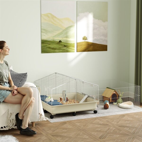 Kleintierkäfig, Balkon, Rampe, Futtertrog, Wasserflasche, 2-Ebenen-Design, Weiß