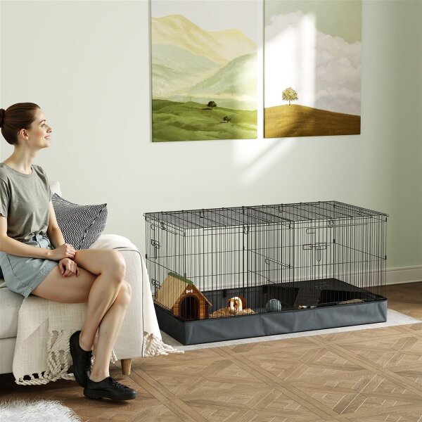 2-in-1-Zwerghamsterkäfig, Kleintierkäfig, Stoffboden, Sitzstangen, Rampe, Schwarz