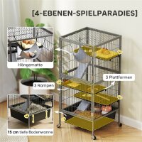 Kleintierkäfig 4-stöckiger Nagerkäfig mit anhebbarem Tablett Rampen Hängematte Rollen Plattformen 52x52x115 cm Grau