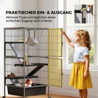 Kleintierkäfig 4-stöckiger Nagerkäfig mit anhebbarem Tablett Rampen Hängematte Rollen Plattformen 52x52x115 cm Grau