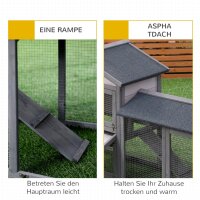 Hasenstall Kaninchenstall aus Holz 147 x 54 x 84 cm Kaninchenkäfig mit wetterfest Bitumendach, Freilaufgehege, Rampe, abschließbare Türen, Hasenkäfig für Zwergkaninchen Outdoor Dunkelgrau