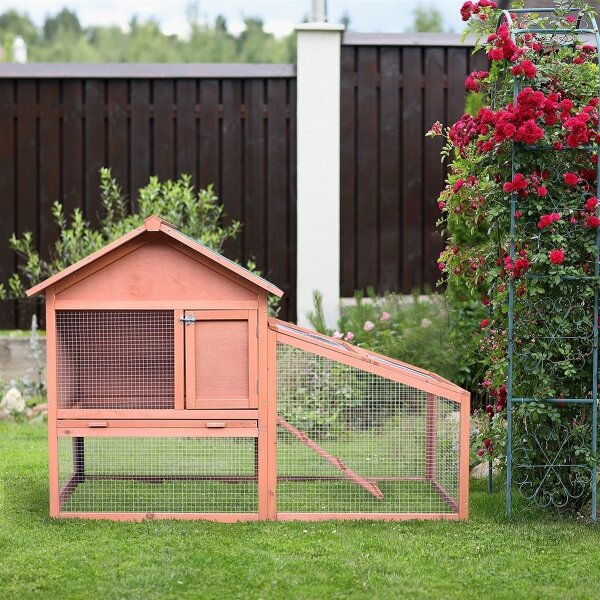 Kaninchenstall aus Holz auf Zwei Etagen mit Rampe 144x64,5x100 cm Hasenstall mit wasserabweisend Bitumendach Kleintierstall Winterfest für draußen mit mehreren Eingängen herausnehmbar Schublade