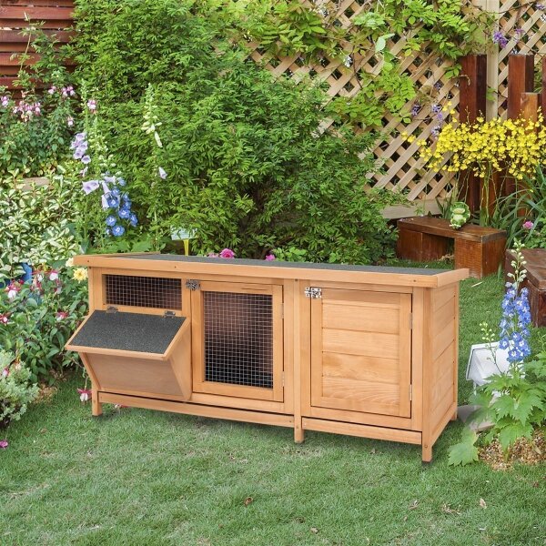 Hasenstall Winterfest Kaninchenstall aus Holz 112x50x54 cm Kaninchenkäfig mit Bitumendach, 2 Türen, Metallgitter, Hasenkäfig für Kaninchen, Meerschweinchen Outdoor Natur+Schwarz