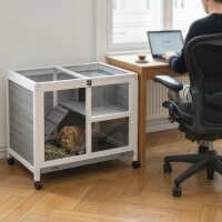 Kleintierstall mit 2 Ebenen 4 Rollen versiegeltes Tannenholz Grau