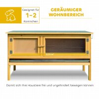 Hasenstall Kaninchenstall aus Holz mit aufklappbarem Dach, 2 Türen, auslaufsicherer Schale, 115x44,3x65 cm Hellgelb