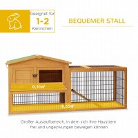 Hasenstall 2 Ebenen Kaninchenstall Tannenholz Winterfest Doppelstockhaus mit Freilaufgehege Rampe 150x52x68 cm Gelb