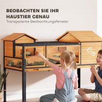 Schildkrötenhaus, Kleintiergehege, 2 Räume, 2 Stockwerke, Fenster, Rampen, Zubehör, Holz, Stahl, Gelb