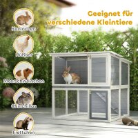 Hasenstall 2 Etagen Kaninchenstall aus Holz mit wetterfest aufklappbar Dach, Freilaufgehege, Rampe, 98x95x102,5 cm Grau