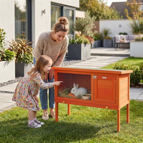 Hasenstall erhöhter Kaninchenstall aus Holz mit aufklappbar Bitumendach herausziehbarer Schublade 90x45x65 cm Orange