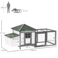 Hühnerstall für Zwerghühner 196 x 76 x 97 cm witterungsbeständig Hühnerhaus mit Nistkasten, Freilaufgehege Sitzstange, Kleintierstall aus Holz für 1-2 Hühner, Grau