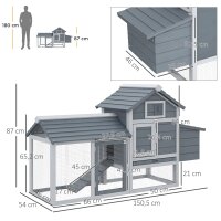Zwerghühnerstall mit Freigehege Nistkasten herausnehmbare Bodenwanne 150,5 cm x 54 cm x 87 cm Naturholz Grau