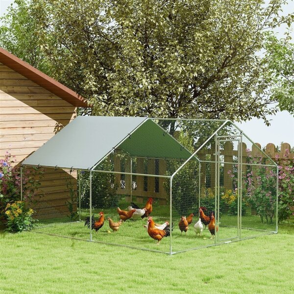 Hühnergehege, großes Hühnergehege aus Metall mit wasserdichter und UV-beständiger Abdeckung, Käfig für 10-15 Hühner, 3 x 3,4 x 1,9 m