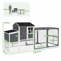 Hühnerstall mit Auslauf für 3-4 Hühner, 3-tlg, Nistkasten, 1,9 m² Fläche, Tannenholz, Grau