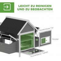 Großer Hühnerstall für 7-10 Hühner, Sitzstangen, Schaukel, Fenster, Nistkästen, Maschendraht, Grau