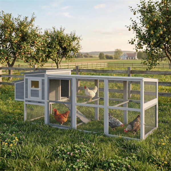Hühnerstall Hühnerhaus für 3-4 Hühner mit Auslauf Nistkasten Asphaltdach Oxford-Abdeckung Auszugsschublade 264x82x89cm Grau