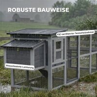 Hühnerstall Hühnerhaus für 3-4 Hühner mit Auslauf Nistkasten Asphaltdach Oxford-Abdeckung Auszugsschublade 264x82x89cm Grau