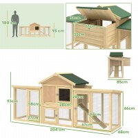 Hühnerstall Hühnerhaus aus Holz mit Nistkasten, wasserdichtem Dach, Sitzstange, Auslauf, Rampe, 204x85x93 cm Naturholz
