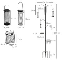 Vogel Futterstation 208 cm Vogelfutterstation mit 4 Haken, Erdspieß, Wasser- & Futterschale, Futtersäule Freistehend Vogelfutterspender für Garten Wildvögel Stahl Schwarz