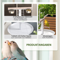 Anflugstange Freisitz für Papageien Sitzstange, 1 Leiter, 1 Schaukel, Futternäpfe, 60 x 60 x 138 cm, Weiß + Natur