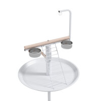Anflugstange Freisitz für Papageien Sitzstange, 1 Leiter, 1 Schaukel, Futternäpfe, 60 x 60 x 138 cm, Weiß + Natur