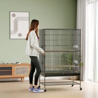 Vogelkäfig inklusive Sitzstangen, Vogelspielzeug, herausnehmbare Bodenwanne, 1 Ablage, Grau