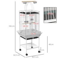 Vogelkäfig, Papageienkäfig mit 3 Türen, 2 Sitzstange, 360° Rollen, Futternapf, Ablage, Freisitz, 62,5x62,5x156cm, Weiß