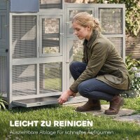 Voliere Vogelvoliere aus Holz mit 6 Sitzstangen Ablagefach herausziehbarer Schublade Edelstahlnäpfen 196x60x164,5cm Grau