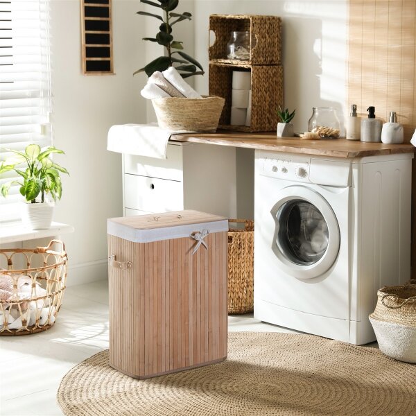 Wäschekorb schmal mit Deckel Wäschesammler 72L mit Griff für Waschküche Schlafzimmer Natur