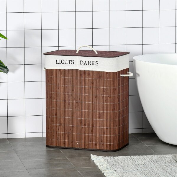 Bambus Wäschekorb schmal mit Deckel 100L Wäschesammler mit Griffen, 2 herausnehmbarer Wäschesack, Laundry Baskets Wäschebox für Waschküche, Schlafzimmer, Badezimmer Braun
