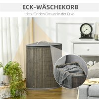 55 L Wäschekorb mit Deckel, Griff, Wäschesortierer mit herausnehmbarem Wäschesack für Badezimmer, Bambus, Grau