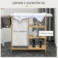Wäschesammler, multifunktional, Bügelbrett & Stoffsack 57L, Bambusgestell, 113x34x82cm, Natur/Grau