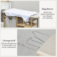 Wäschesammler, multifunktional, Bügelbrett & Stoffsack 57L, Bambusgestell, 113x34x82cm, Natur/Grau