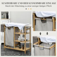 Wäschesammler, multifunktional, Bügelbrett & Stoffsack 57L, Bambusgestell, 113x34x82cm, Natur/Grau