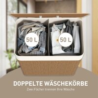 Bambus Wäschekorb mit Deckel 2 Fächer 100 L Wäschesammler mit Seilgriffen, herausnehmbarer Wäschesack