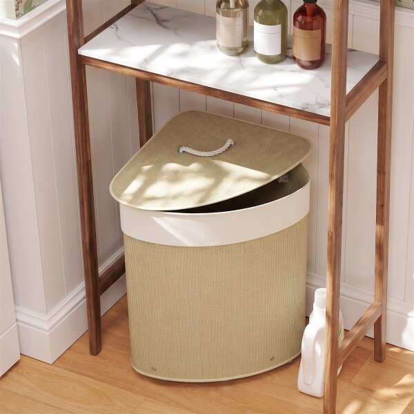 Wäschekorb im Eckdesign, Bambusgeflecht, 55 Liter, Stoffbeutel, Metallrahmen, Creme