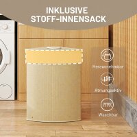 Wäschekorb im Eckdesign, Bambusgeflecht, 55 Liter, Stoffbeutel, Metallrahmen, Creme