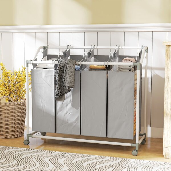 Wäschekorb mit 4 Fächer 160 L Wäschesammler mit Rädern, herausnehmbarer Wäschesack, 97 x 38 x 81 cm, Grau