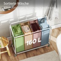 Wäschekorb mit 4 Fächer 160 L Wäschesammler mit Rädern, herausnehmbarer Wäschesack, 97 x 38 x 81 cm, Grau