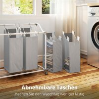 Wäschekorb mit 4 Fächer 160 L Wäschesammler mit Rädern, herausnehmbarer Wäschesack, 97 x 38 x 81 cm, Grau