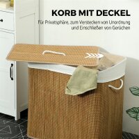 Bambus Wäschekorb mit Deckel 3 Fächer 144L Wäschesammler mit Seilgriffen, herausnehmbarer Wäschesack