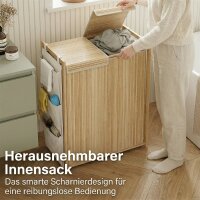 Bambus-Wäschekorb mit abnehmbarem Kordelzug-Sack und seitlichen Aufbewahrungstaschen, 120L, Natur