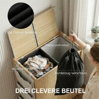 Bambus-Wäschekorb mit abnehmbarem Kordelzug-Sack und seitlichen Aufbewahrungstaschen, 120L, Natur