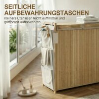 Bambus-Wäschekorb mit abnehmbarem Kordelzug-Sack und seitlichen Aufbewahrungstaschen, 120L, Natur