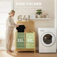 Bambus-Wäschekorb mit Deckel, 2 Körbe, faltbar, 64L, Natur und Cremeweiß