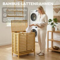Bambus-Wäschekorb mit Deckel, 2 Körbe, faltbar, 64L, Natur und Cremeweiß
