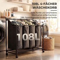 Wäschesammler mit Griff, 108 L rollbarer Wäschekorb mit 4 Fächern und Rollen, Schwarz