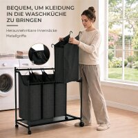 Wäschesammler mit Griff, 108 L rollbarer Wäschekorb mit 4 Fächern und Rollen, Schwarz
