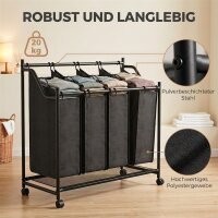 Wäschesammler mit Griff, 108 L rollbarer Wäschekorb mit 4 Fächern und Rollen, Schwarz